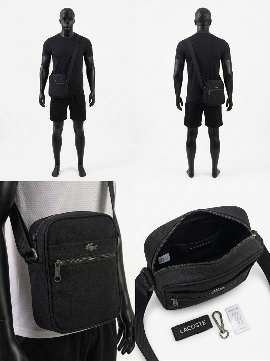 ''Lacoste," "small vertical bag "camera bag," "black," and "logo."