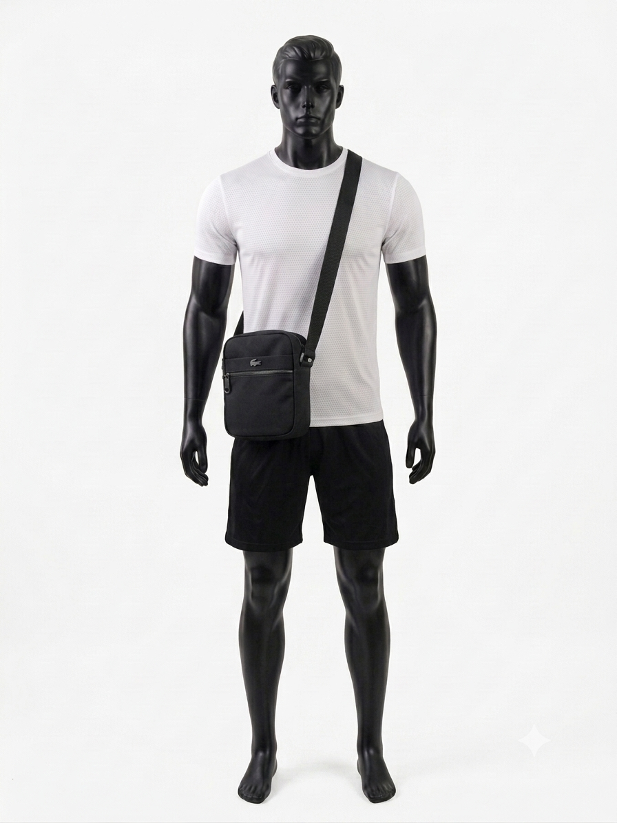 ''Lacoste," "small vertical bag "camera bag," "black," and "logo."
