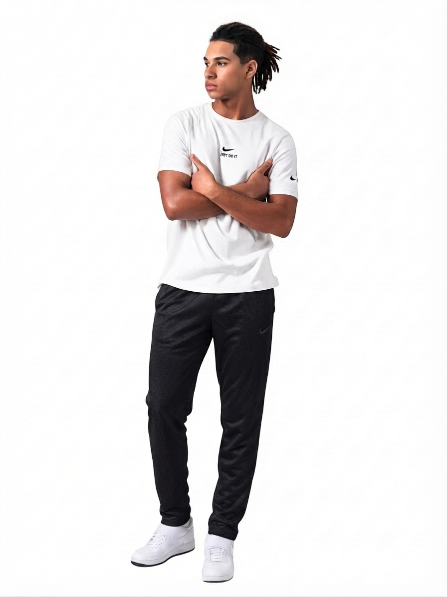 Nike white Dri-FIT training t-shirt for men with a centered black "JUST DO IT." Swoosh logo