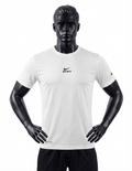 Nike white Dri-FIT training t-shirt for men with a centered black "JUST DO IT." Swoosh logo, displayed on a black mannequin.