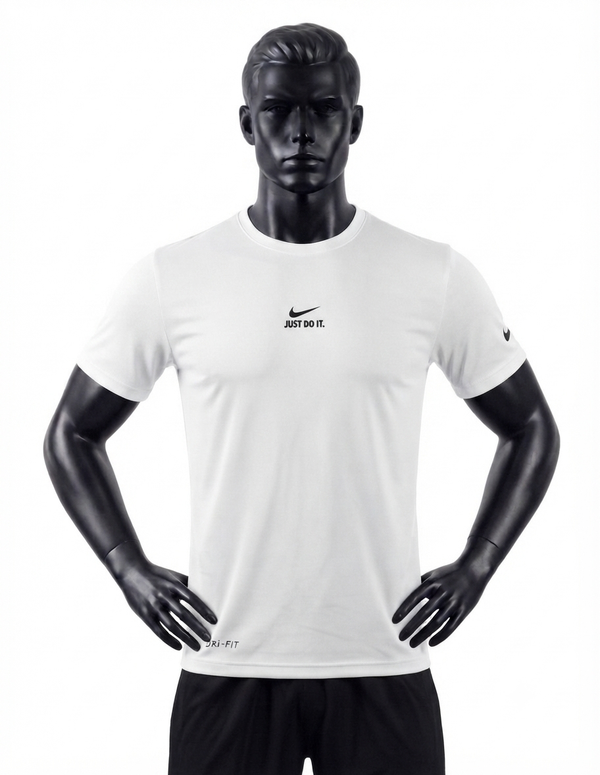 Nike white Dri-FIT training t-shirt for men with a centered black "JUST DO IT." Swoosh logo, displayed on a black mannequin.