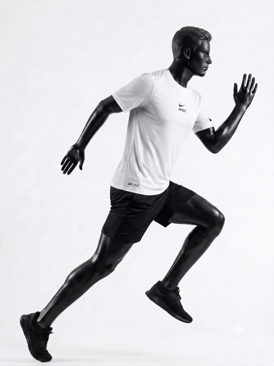Nike white Dri-FIT training t-shirt for men with a centered black "JUST DO IT." Swoosh logo, displayed on a black mannequin.